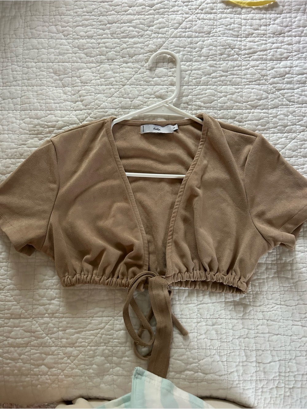 Edikted Cropped Suede Tie-Front Top in Beige